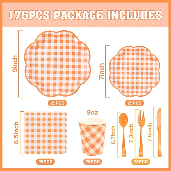 175 Pcs Orange and White Gingham Party Supplies - Orange Gingham Paper Plates and Napkins Sets Serve 25 - Scalloped Checkered Plates for Birthday Picnic Fall Halloween Thanksgivng Party Decorations-HomvellaHome