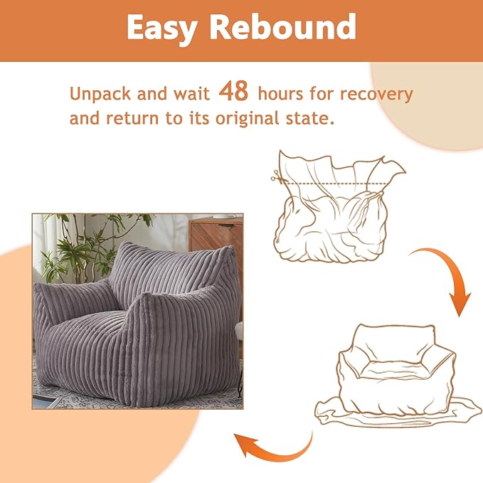 Giant Bean Bag Chairs for Adults with Filling Plush Fluffy Bean Bag Chairs for Teens with Armrests Comfy BeanBag Lazy Couch Sofa Chair for Bedroom Living Room Reading-HomvellaHome