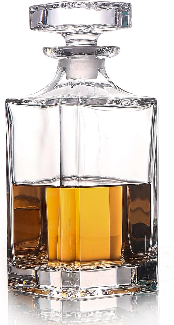 Glass Decanter with Airtight Geometric Stopper - Whiskey Decanter for Wine, Bourbon, Brandy, Liquor, Juice, Water, Mouthwash. Italian Lead-Free Glass (25.97 oz/768ml)-HomvellaHome