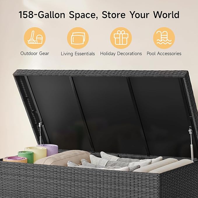 158 Gallon XL Deck Box with Lid, All Weather Wicker Outdoor Storage Box Waterproof, Large Outdoor Patio Storage Bin for Cushions, Garden Tools, Gears, Pool Accessories, Black-HomvellaHome