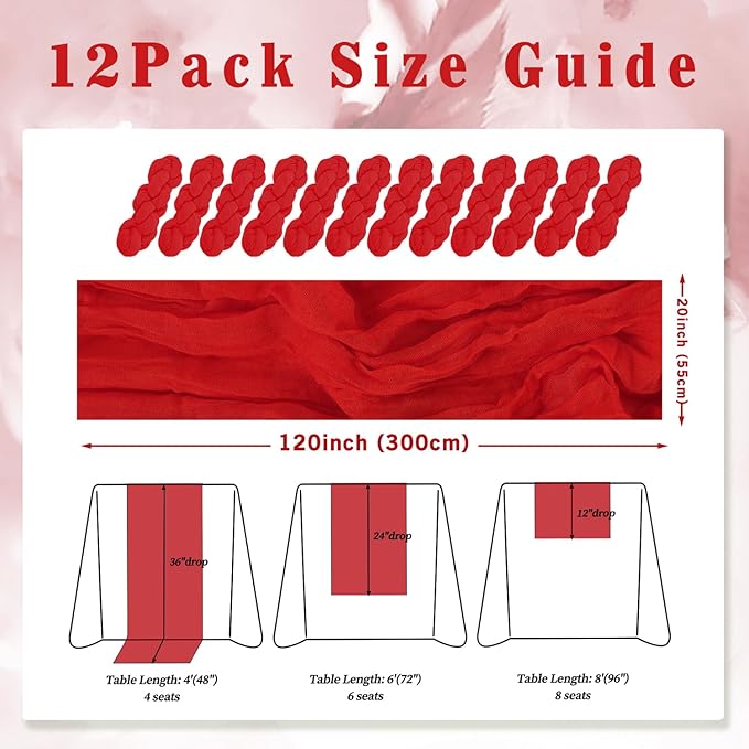 12 Pack Red 10FT Cheesecloth Table Runner Rustic Gauze Fabric Cheese Cloth Table Runner for Wedding Bridal Baby Shower Table Decor Boho Sheer Birthday Party Table Decorations 20 x 120 Inch Long-HomvellaHome