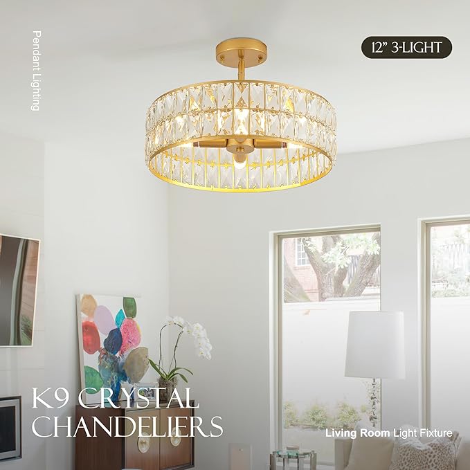 16” 4-Light Modern Crystal Chandeliers Gold Dinning Room Light Fixture, Round Pendant Light Kitchen Island Chandelier, Flush Mount Ceiling Light for Living Room Entryway Bedroom Foyer-HomvellaHome