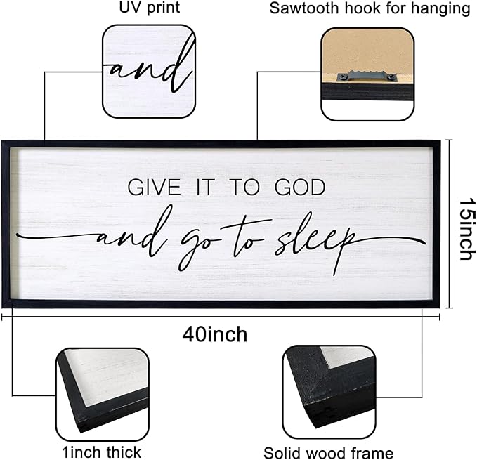 Give It to God and Go to Sleep Decorative Rustic Sign & Plaque Framed Wall Art for Couples, 40''×15'' Cottagecore Wooden Horizontal Wall Decor Above Bed, Vintage Farmhouse Wedding Gift for Bedroom-HomvellaHome