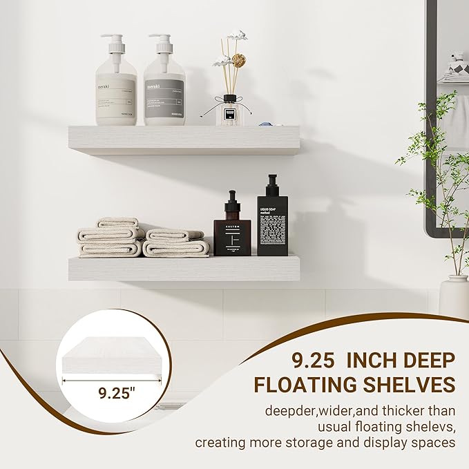 16 Inch Floating Shelves, 16"x9.25"x1.5" Inch Deep Floating Shelves for Wall, Wooden Shelves for Bathroom, Bedroom, Living Room, Cream White Oak-HomvellaHome