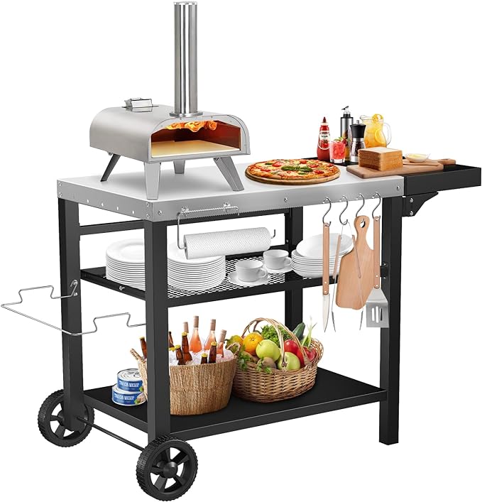 Grill Cart, Outdoor Grill Table, Pizza Oven Stand, Three-Shelf BBQ Table, Movable Dining Cart with Drawer, Fits for Ninja Woodfire Grill, Blackstone Griddle,Tabletop Grill-HomvellaHome