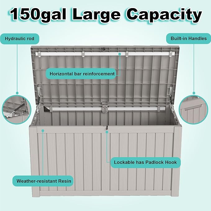 150Gal Outdoor Deck Box Waterproof, Lager Patio Storage Box Indoor and Outdoor Use, Lockable Resin Storage Bin for Patio Furniture Cushions Garden Tools, Package Delivery,UV Resistant-Grey-HomvellaHome