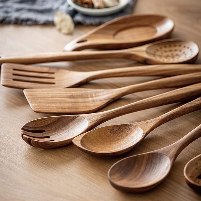 Gudamaye 13 inch Long Wooden Spoons for Cooking,Wooden Utensils for Cooking with Utensils Holder,9 PCES Wooden Kitchen Utensils Set with Utensils Holder and Spoon Rest,Natural Teak Wooden Spoons Set-HomvellaHome