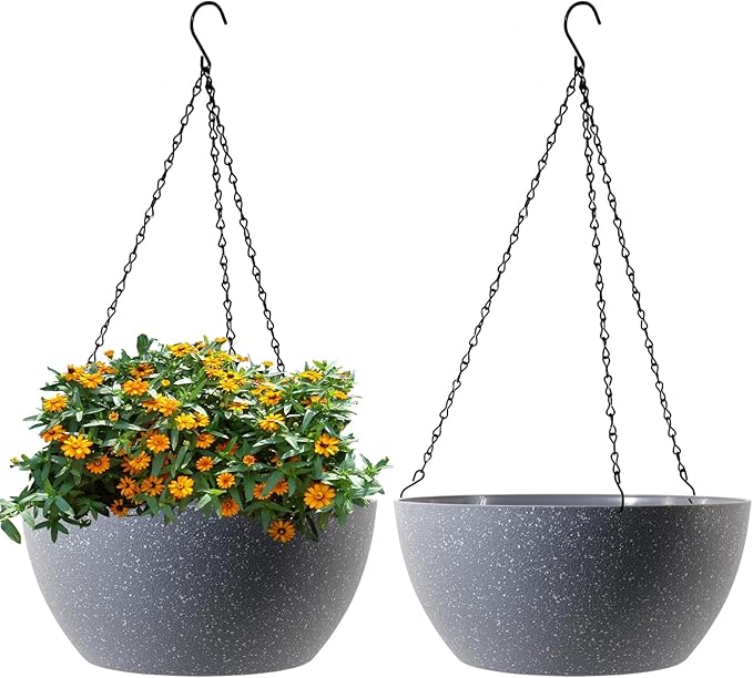 10 inch Hanging Planters for Outdoor Indoor Plants with Drainage Holes and Chain, 2 Pack Round Hanging Flower Plant Pots for Garden Home Porch Decor, Speckled Grey-HomvellaHome
