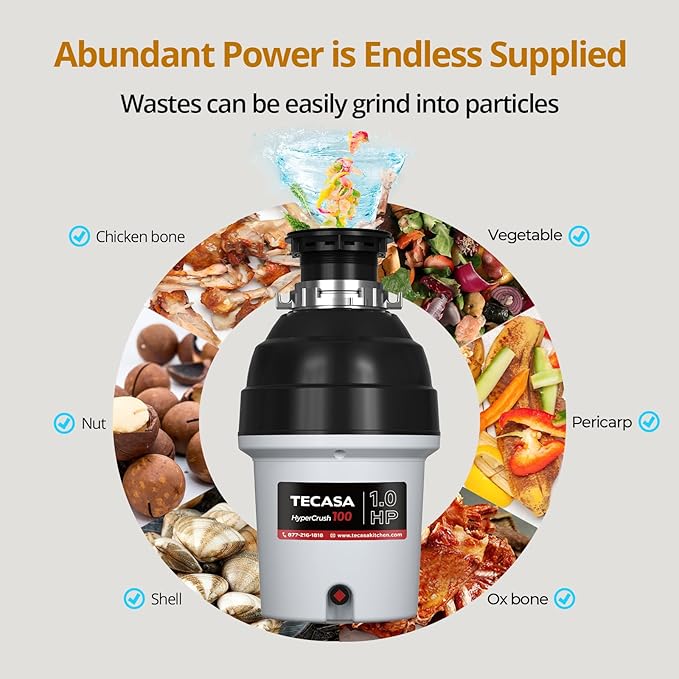 1 HP Garbage Disposal with Sound Reduction, TECASA Food Waste Disposer for Kitchen Sink, Septic Safe Garbage Disposal, Power Cord Included, Grey and Black - HyperCrush 100-HomvellaHome