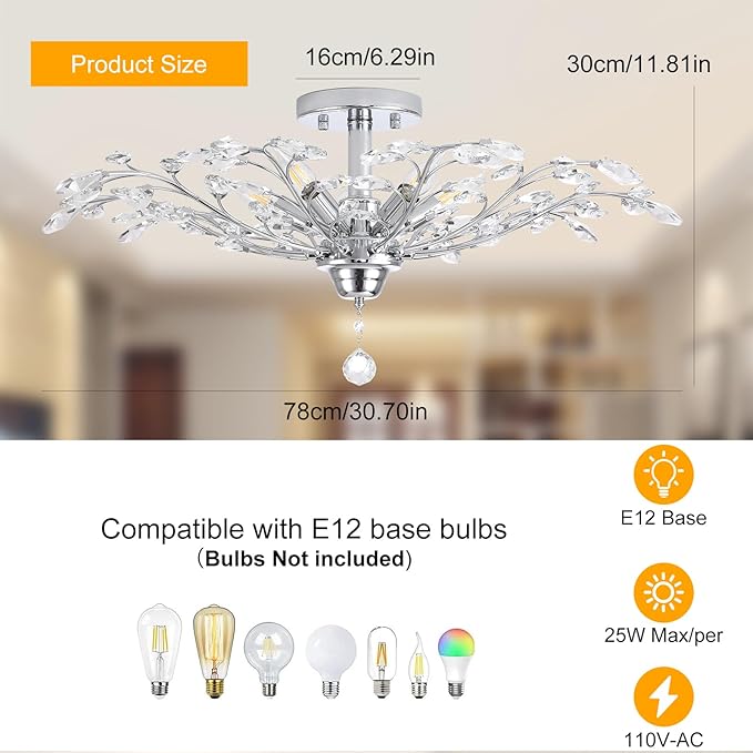 Ganeed Frozen Crystal Branch Close to Ceiling Light Chrome Silvery Vintage Chandelier with 5-Light Heads, Modern K9 Crystal Chandelier for Dining Room Living Room Bedroom Kitchen Over Table-HomvellaHome