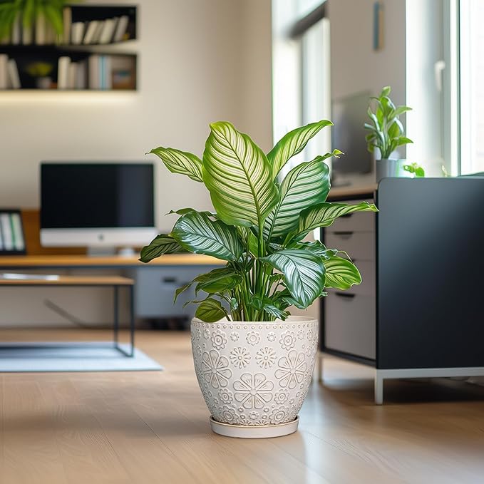 10 Inch Ceramic Planter Pot Large Plant Pot for Indoor Plants Outdoor Round Flower Pot with Drainage Hole and Saucer for Home Garden Decor White-HomvellaHome