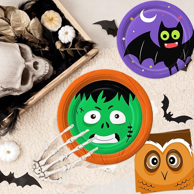 105PCS Halloween Paper Plates Ghosts Pumpkin Skull Spider Web Design for Halloween Party Decorations Supplies, Serves 30-HomvellaHome
