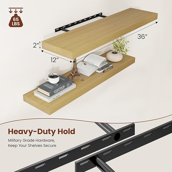 12 Inch Deep Floating Shelves 36 inch Long, 36 x 12 Wide Wall Shelves with Invisible Brackets, Heavy Duty Shelf for Bedroom Bathroom Living Room Kitchen Office Home Decor, Modern Shelf Set of 2, Oak-HomvellaHome