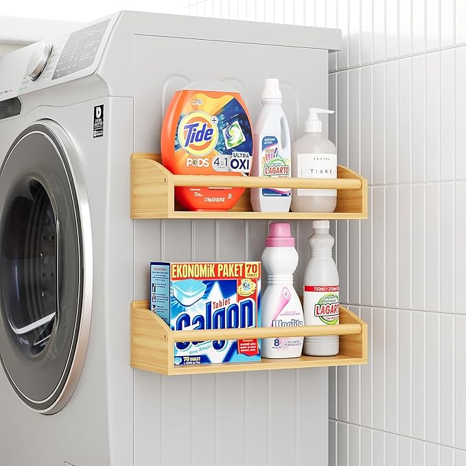 2 Pack Magnetic Spick Rack for Refrigerator, Fridge Organizer Shelf, Bamboo Wood-HomvellaHome