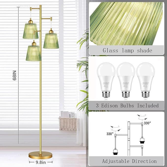 Gold Floor Lamp for Living Room,Bedroom,Mid Century Modern Standing Lamp Brass Tree 3 Light Tall Floor Lamps Vintage Retro Floor Lights Glass Green Flower Lamp Shade Farmhouse Boho Bohemian-HomvellaHome