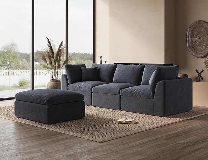 110 Inch Cloud Sectional Couches for Living Room, Convertible L Shaped Couch with Ottoman, 3 Seater Modular Sectional Sofa, Grey-HomvellaHome