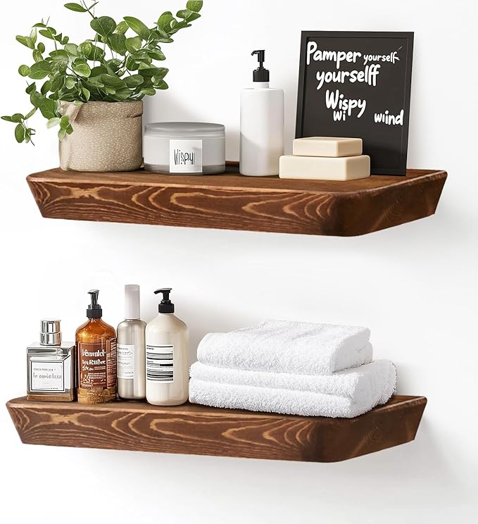 16"x6.8"x1.6" Slanted Floating Wall Shelves 2-Pack - Rustic Brown Finish, Heavy-Duty Solid Wood Design with Hidden Brackets - Perfect for Living Room, Kitchen, Bathroom, or Office-HomvellaHome