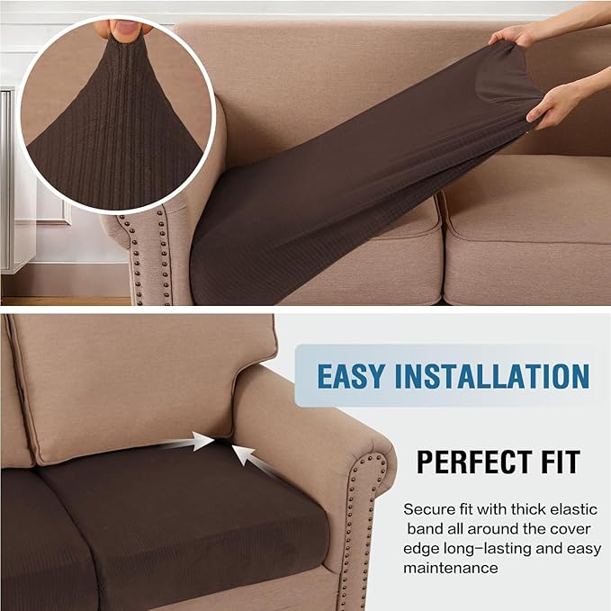 H.VERSAILTEX Velvet Stretch Couch Cushion Cover Plush Cushion Slipcover for Chair Cushion Furniture Protector Seat Cushion Sofa Cover (1 Piece Armchair Cushion Covers, Brown Striped)-HomvellaHome