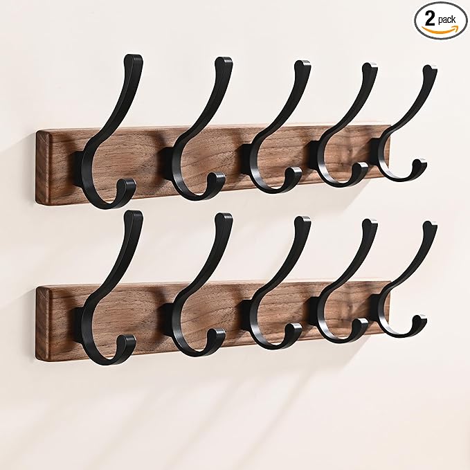 2 Pack 17.3" Small Wooden Coat Rack Wall Mounted with 5 Hooks, Entryway Wall Hooks Coat Hanger for Hanging Towel Clothes Hat Backpack Shoe Purse Key Holder Multi Hook Rail by Black Walnut Wood-HomvellaHome