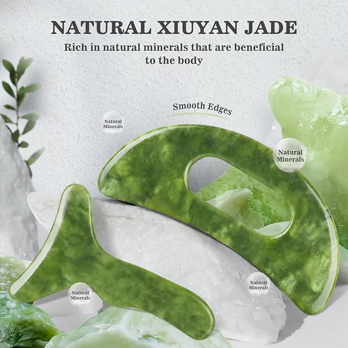 2 in 1 Jade Stone Gua Sha Massage Tool, Large Guasha Muscle Scraper Tools Set with Handle Muscle Scraping Massage Tools Anti Cellulite Spa Acupuncture Tools for Back Neck Leg Lymphatic Drainage-HomvellaHome