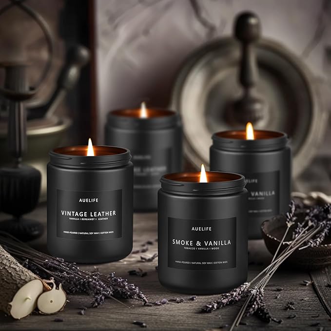 2 Pack Men Candles | Smoke & Vanilla + Vintage Leather - Scented Candles for Men - Masculines Candle - Soy Candle for Home Scented, Man Gifts, Black Jar - 7oz-HomvellaHome