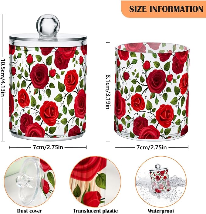 2 Pack Qtip Holder Dispenser Red Rose Flowers Bathroom Storage Canister Lid Acrylic Plastic Apothecary Jar Set Vanity Makeup Organizer for Cotton Swab/Ball/Round Pads, Floss-HomvellaHome