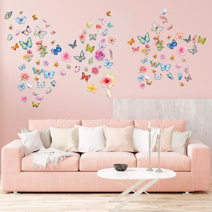 Glow in The Dark Butterfly Flower Wall Decals Glowing Luminous Butterflies Removable Self-Adhesive Wall Stickers for Girls Bedroom Nursery Living Room Decor 4 Sheets (Butterfly 3)-HomvellaHome