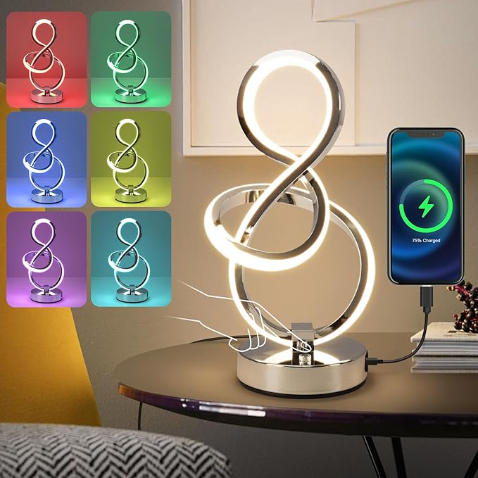 Modern Spiral Table Lamp, 7 Colors 10 Light Modes LED Nightstand Small Lamp with USB C+A Ports, Touch Dimmable Lamps for Living Room Bedroom Bedside, Unique & Cool Lamps,Silver-HomvellaHome