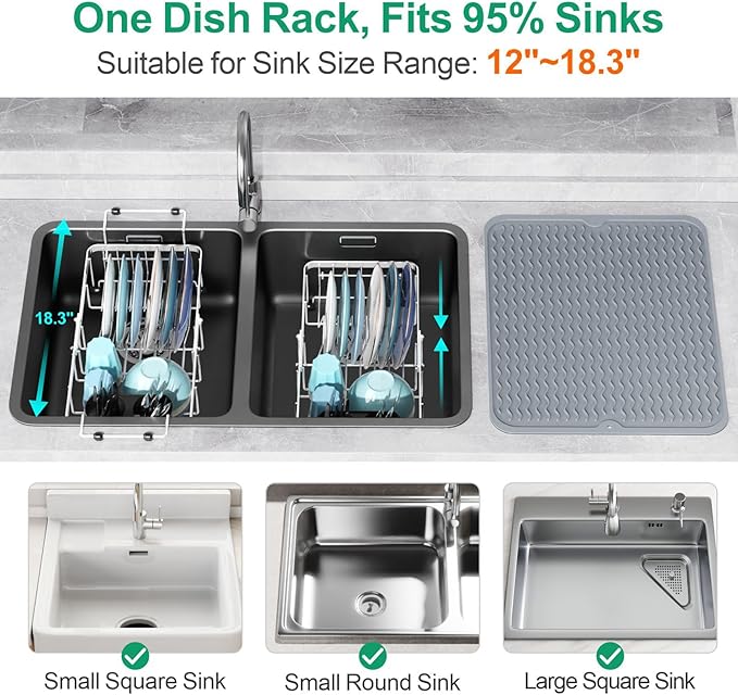 GSlife Expandable in Sink Dish Drying Rack Small with Silicone Mat - Stainless Steel Capacity Adjustable Over The Sink Dish Rack with Utensil Holder for Counter or Inside Sink (12.4" -16.8"), Silver-HomvellaHome