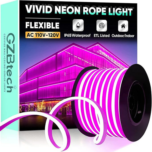 GZBtech Flexible LED Neon Rope Lights 66FT,AC 110-120V Waterproof Strip Light, 120 LEDs/M Cuttable Connectable Neon Lighting for Indoor Outdoor Home Decor/Commercial Building Use-Pink 20M-HomvellaHome