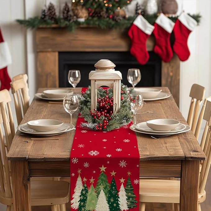GEEORY Christmas Table Runner 13x48 Inch, Xmas Trees Snowflakes Holiday Decorative Farmhouse Table Decoration for Kitchen Dinning, Indoor Outdoor Dinner Party Decor (Red) GT150-48-HomvellaHome