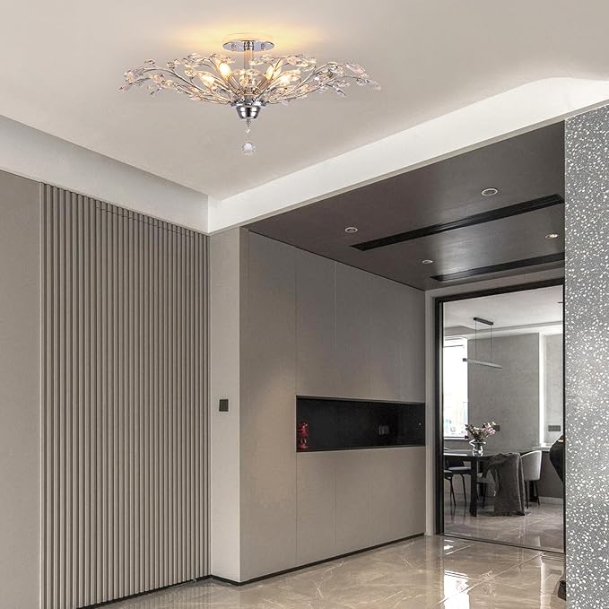 Ganeed Frozen Crystal Branch Close to Ceiling Light Chrome Silvery Vintage Chandelier with 5-Light Heads, Modern K9 Crystal Chandelier for Dining Room Living Room Bedroom Kitchen Over Table-HomvellaHome