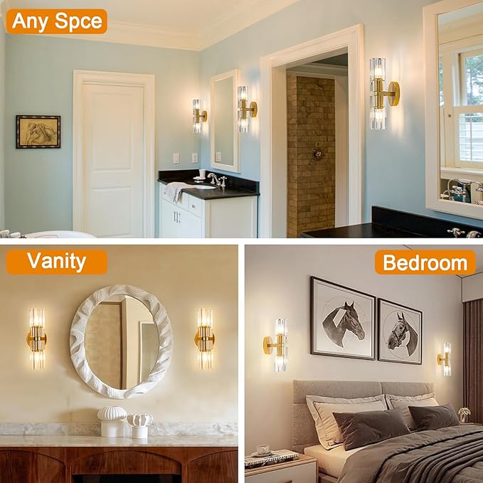 Gold Crystal Wall Sconces Set of Two, Wall Sconce Set of 2, Brass Sconces Wall Lighting with K9 Crystal Lampshade, Wall Lights for Bedroom Living Room Bathroom Hallway-HomvellaHome