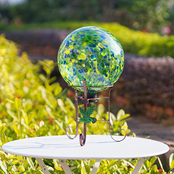 10 Inch Glass Gazing Ball, with 9.4" Tall Metal Gazing Globe Stand, Glass Balls Display Holder Set for Outdoor Garden Lawn Yard Decoration, Bright Summer Burst-HomvellaHome