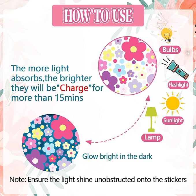 Glow in The Dark Y2k Cute Flowers Wall Decals，Glowing Luminous Colorful Floral Wall Stickers Colorful Removable self-Adhesive Preppy Hippie Stickers for Girls Bedroom-HomvellaHome