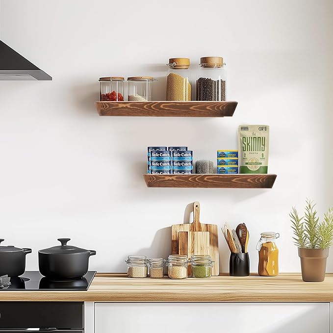 16"x6.8"x1.6" Slanted Floating Wall Shelves 2-Pack - Rustic Brown Finish, Heavy-Duty Solid Wood Design with Hidden Brackets - Perfect for Living Room, Kitchen, Bathroom, or Office-HomvellaHome