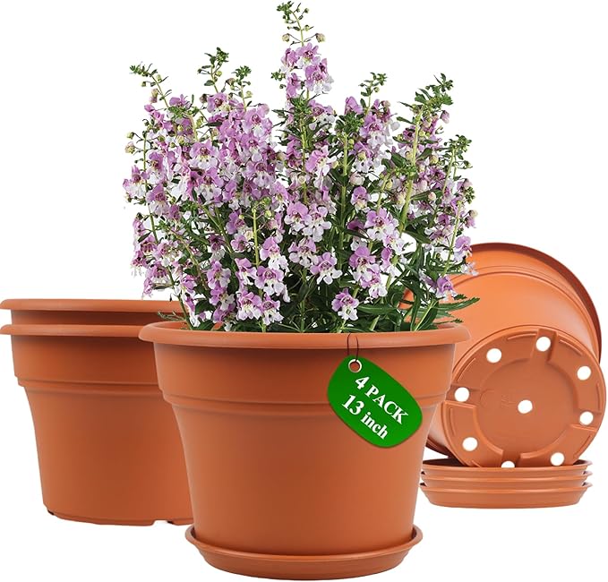 13 Inch Plastic-Flower-Pot-for-Indoor-Plants, 4 Pack Large Outdoor Planter Pot with Drainage Holes & Saucers, Resin Decorative Garden Pots Planters-HomvellaHome