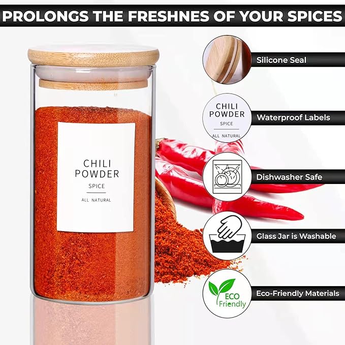 12 Pcs Glass Spice Jars With Bamboo Airtight Lids, 10oz Thicken(2.4mm) Spice Containers With 148 Minimalist Preprinted Waterproof Spice Labels, Kitchen Empty Small Storage Jars For Seasoning, Herb-HomvellaHome