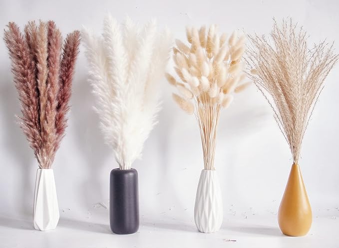 100 PCS Dried Flowers Pampas Grass Bouquet, Boho Table Decor, Bunny Tails Dried Flowers, Brown Pompas, White Pampas Grass for Wedding, Home, Rustic Party, Baby Shower Decorations-HomvellaHome