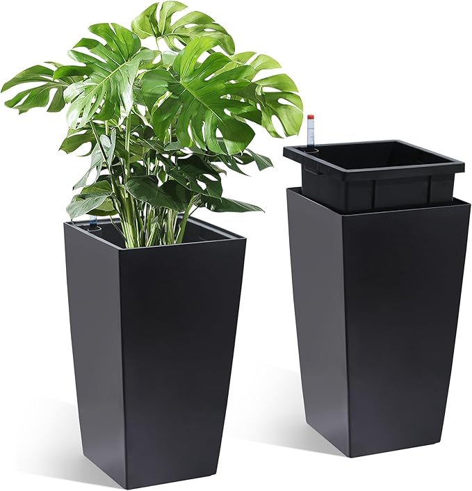 16" Tall Planters Set of 2, Outdoor＆Indoor Black Planter Pots, High Front Porch Planter Pots with Drainage Holes＆Water Level Monitor＆Inner Bucket, Automatic Watering,Black-HomvellaHome