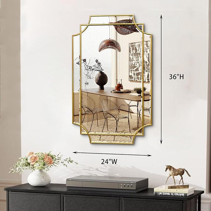 Gold Mirror for Wall, 36x24 Gold Wood Framed, Scalloped Beveled Polished Rectangle Mirror, Large Decorative Mirrors for Wall Decor, Irregular Mirror for Living Room, Bathroom Vanity, Entryway-HomvellaHome