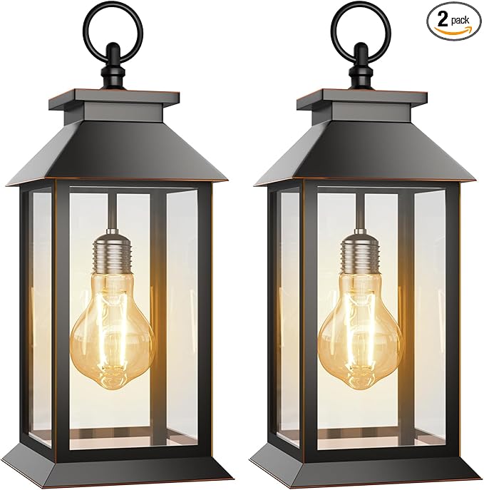 2 Pack Hanging Solar Lanterns Glass Solar Lights Outdoor Waterproof Upgraded Solar and 2 AA Batteries Powered, for Outside Porch, Patio and Indoor Tables, Mantelpiece-HomvellaHome