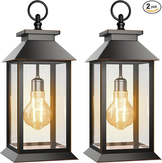 2 Pack Hanging Solar Lanterns Glass Solar Lights Outdoor Waterproof Upgraded Solar and 2 AA Batteries Powered, for Outside Porch, Patio and Indoor Tables, Mantelpiece-HomvellaHome