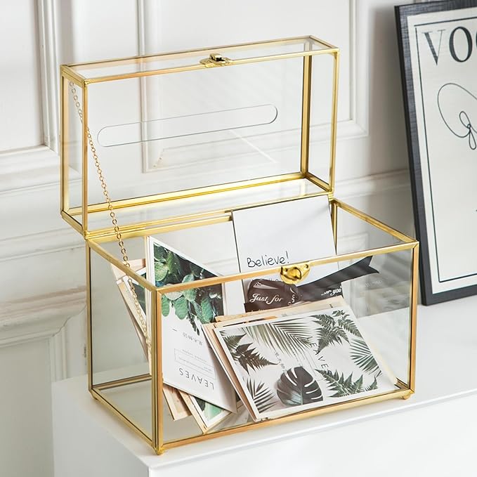 Glass Wedding Card Box with Slot, 10.2 inch Clear Card Box Gold Brass Gift Card Storage Box with Lock Perfect for Wedding Receptions, Baby Shower, Birthday Party, Bridal Shower-HomvellaHome