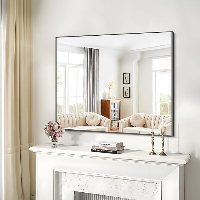 36x50inch Bathroom Mirror, Black Rectangle Mirrors with Thin Metal Frame, Large Rectangular Wall Mirror for Bathroom, Living Roomm, Hair Salon, Big Farmehouse Mirror Hang Horizontal/Vertical-HomvellaHome