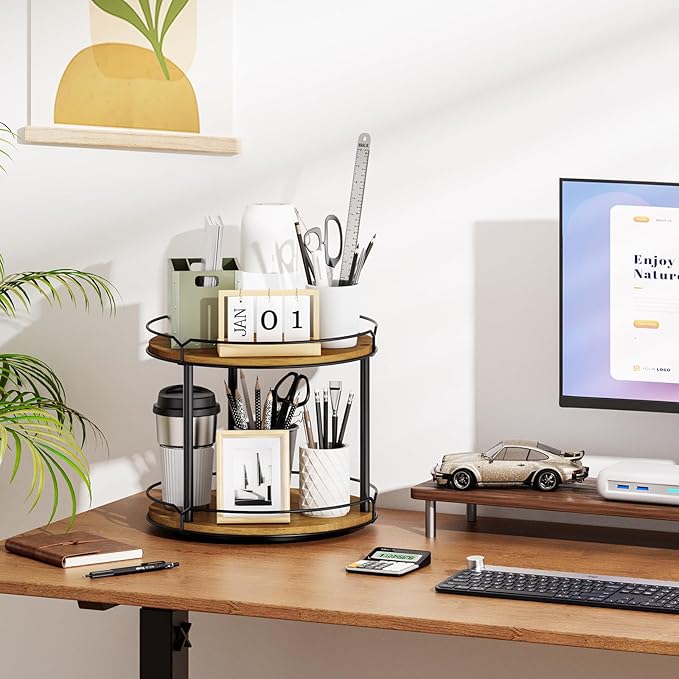 12.4" Lazy Susan Organizer 2 Tier - Rotating Spice Rack, Wooden Spinning Spice Holder for Inside Cabinet, Pantry, Kitchen, Countertop, Bathroom and Vanity, Versatile Storage-HomvellaHome