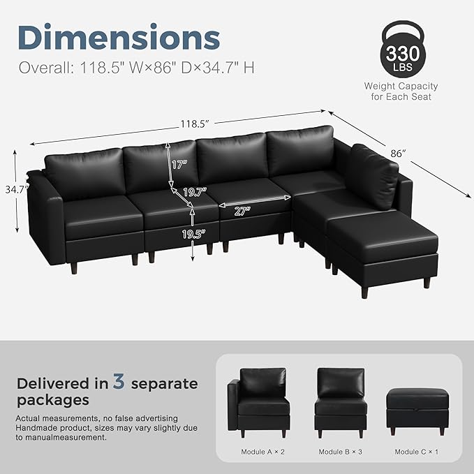 118.5" Faux Leather Modular Sectional Sofa, L Shaped Couch Set for Living Room, 6-Seater Comfy Cloud Couches with Movable Storage Ottoman Black-HomvellaHome