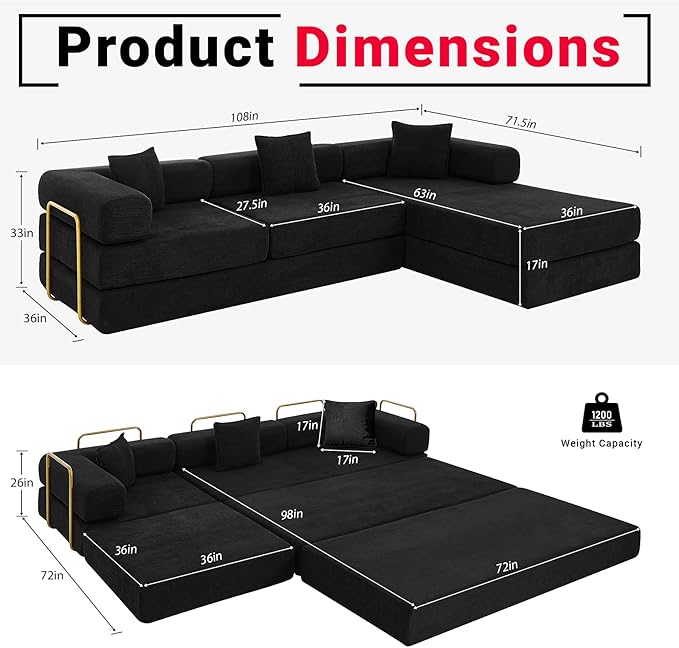 108" Oversized Convertible Sleeper Sofa Bed, Corduroy L Shape Sectional Couch, Folding Sofa Bed with Side Pocket, Modern Cloud Floor Mattress Couch, Modular Sofa for Living Room, Black-HomvellaHome