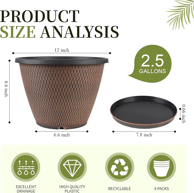 12 inch Pots for Plants, 4 Pack Large Outdoor Planter Pot with Drainage Holes & Saucers, Plastic Flower Pots for Indoor Plants, Decorative Garden Pots for Indoor & Outdoor Plant (Black Copper)-HomvellaHome