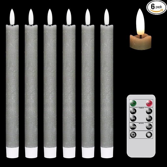 GenSwin Flameless Grey Taper Candles Flickering with 10-Key Remote, Battery Operated Led Warm 3D Wick Light Window Candles Real Wax Pack of 6, Christmas Home Wedding Decor(0.78 X 9.64 Inch)-HomvellaHome